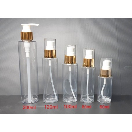 20pcs/Lot of 60ml to 200ml PET Clear Bottle with Lotion Pump (Gold color)