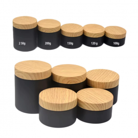 Luxury 100ml 120ml 150ml 200ml 250ml Black PET Jar with Round Plastic Bamboo Wood Plastic Cosmetic Cream Jar.